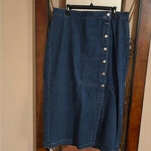 Ann Taylor Navy Denim Button-Front Midi Skirt work casual minimal capsule NWT